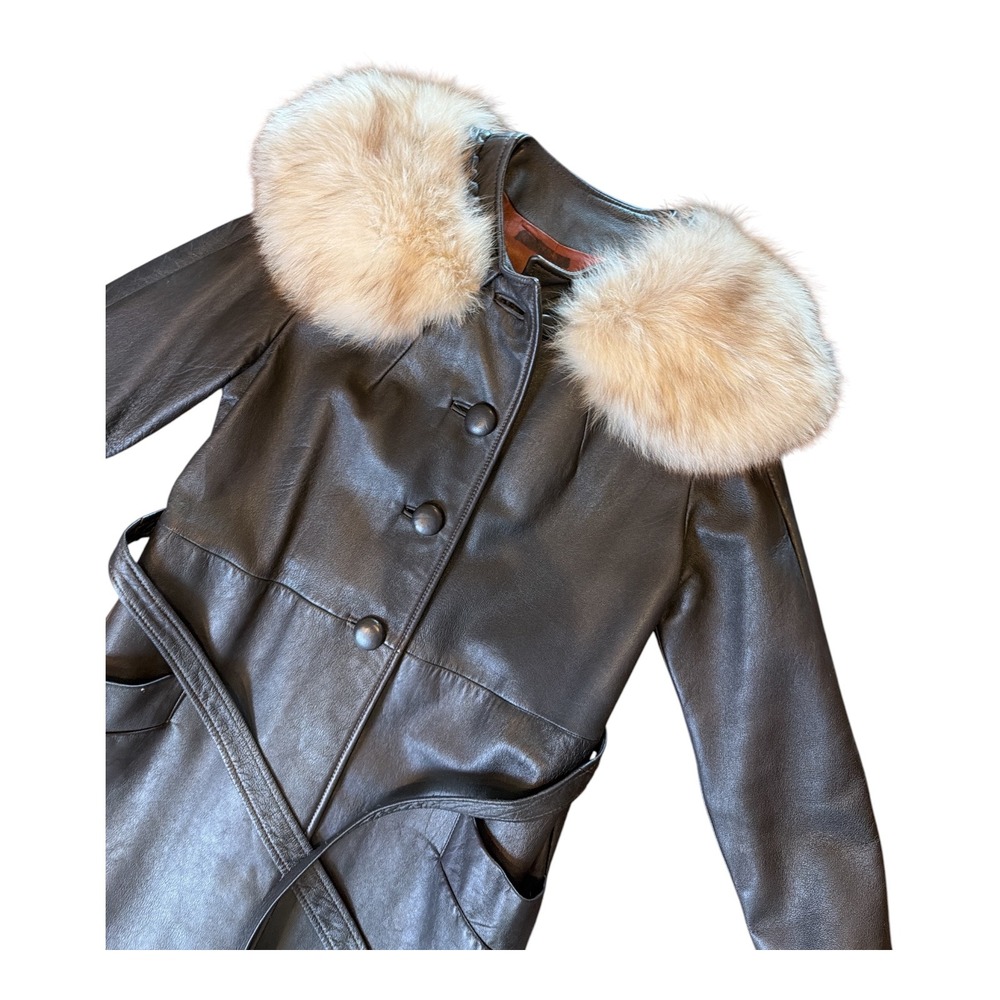 Vintage Brown Leather Trench Coat  Fur Collar Belted ILGWU Made USA 60 70's